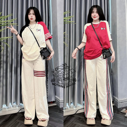 A Female Summer Loose Puppy Printed Short Sleeve Striped Wide Leg Pants Two-piece Casual