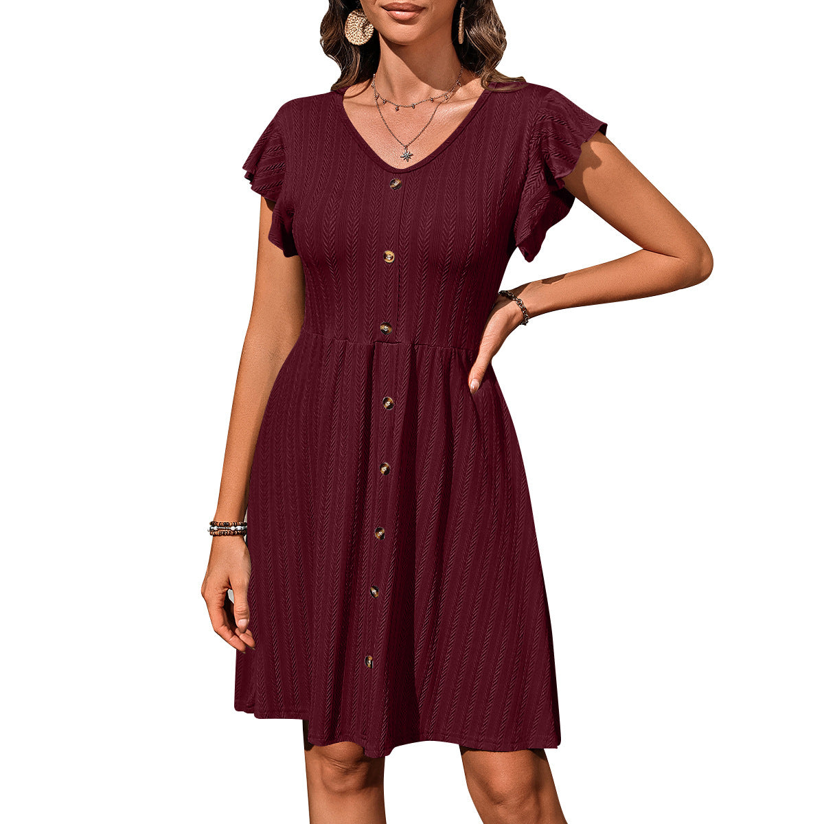 Europe, America, cross-border 2025 Amazon summer new women's clothing V-neck button waist elastic short-sleeved dress women - Mixbatch