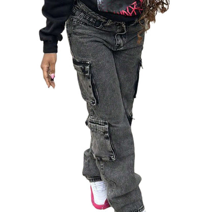 A autumn new European and American fashion casual retro denim high waist straight pants trousers women's clothing