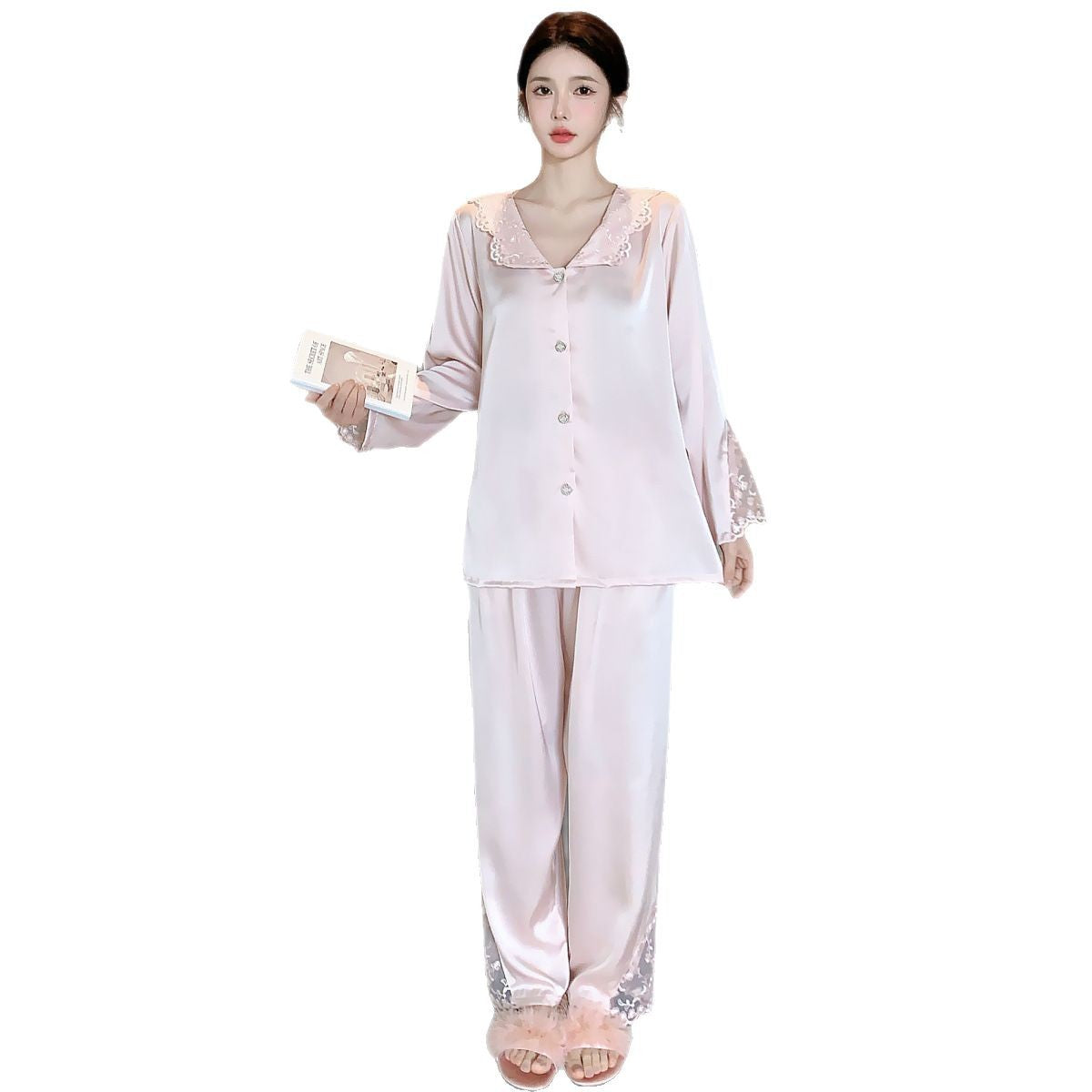 A Ice and snow pajamas women's French lapel lace cardigan long-sleeved trousers set summer spring and autumn loungewear
