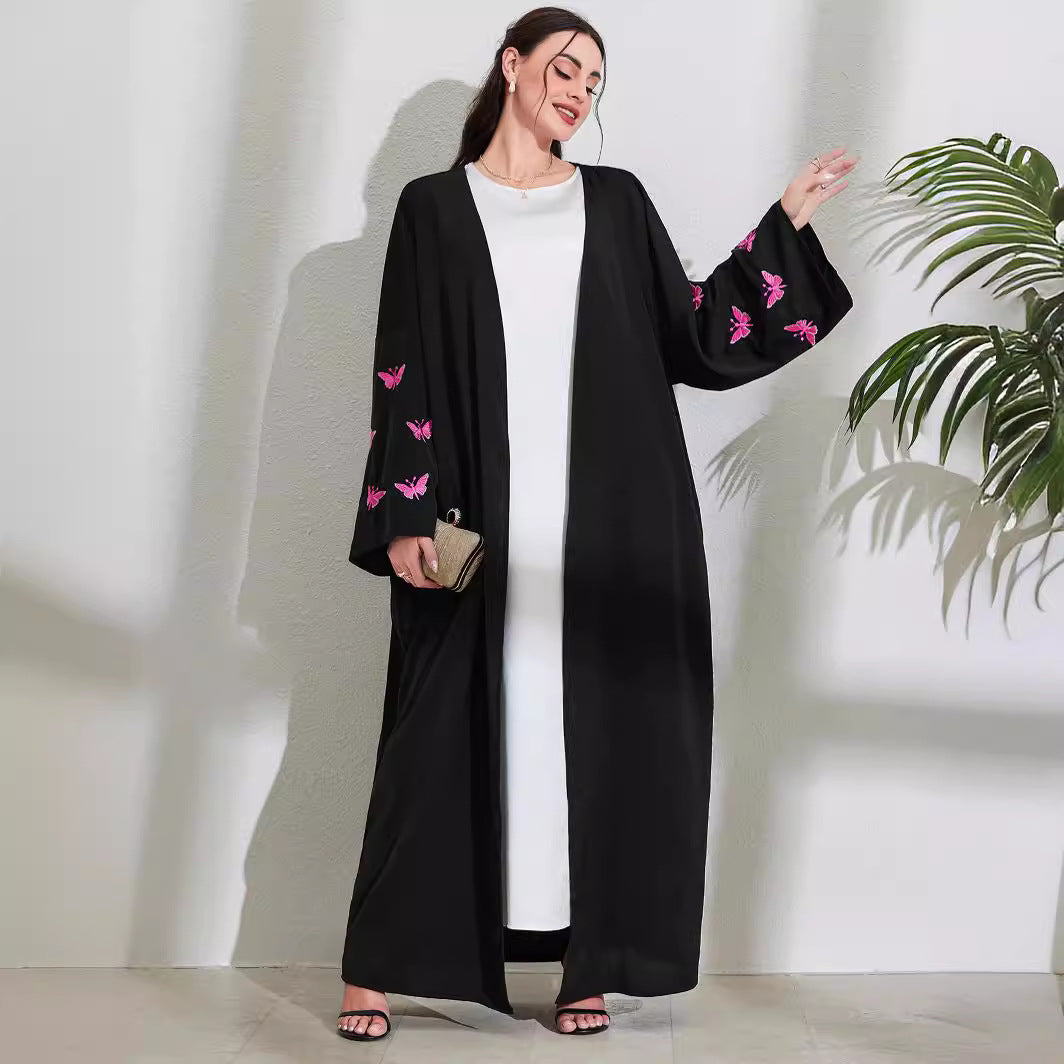 Middle Eastern Muslim Clothing Long Dress Fashion Elegant Cardigan Embroidered Butterfly Dress Robe - Mixbatch