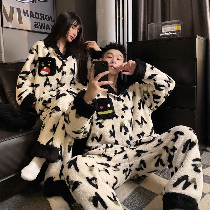 A autumn and winter coral fleece couple pajamas fleece thickened warm cartoon cardigan lapel can be worn outside loungewear set