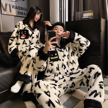 A autumn and winter coral fleece couple pajamas fleece thickened warm cartoon cardigan lapel can be worn outside loungewear set