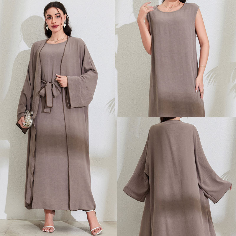 Women's Middle Eastern Muslim Clothing Fashion Elegant Cardigan Dress Belt Robe - Mixbatch