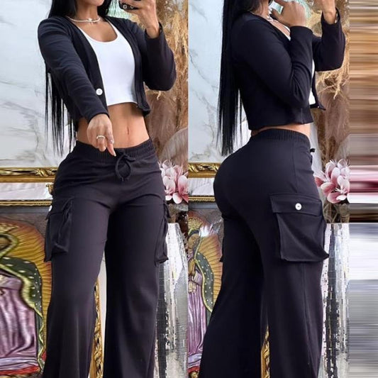 A Women's Casual Long Sleeve Solid Color Button Pocket Wide Leg Pants Set - Mixbatch