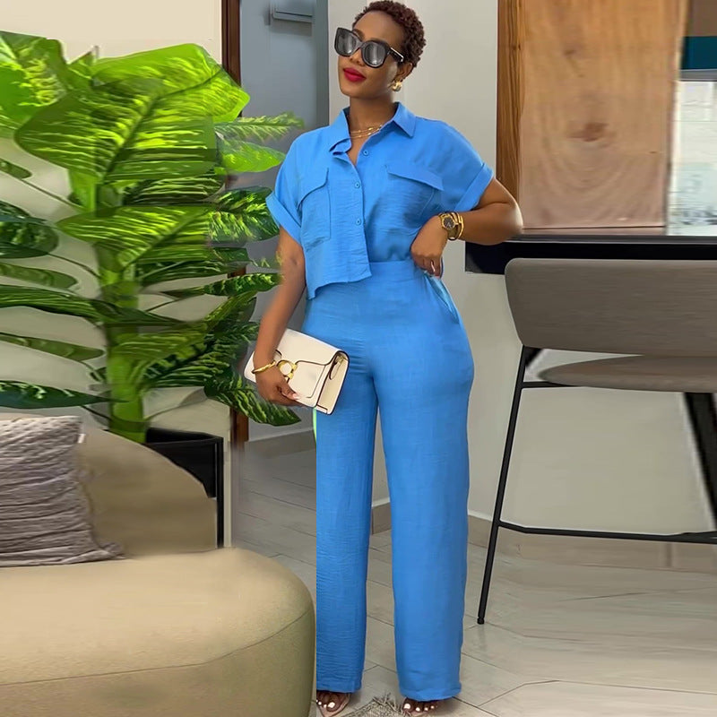 A spring new casual lapel short-sleeved shirt wide-leg trousers fashion suit