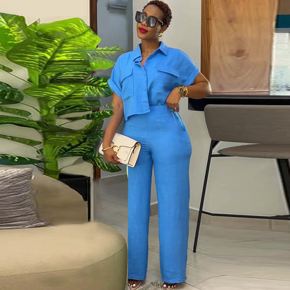 A spring new casual lapel short-sleeved shirt wide-leg trousers fashion suit