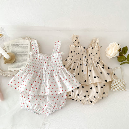 A girl's summer thin cherry heart printed suspender set baby girl doll shirt for outdoor wear - Mixbatch