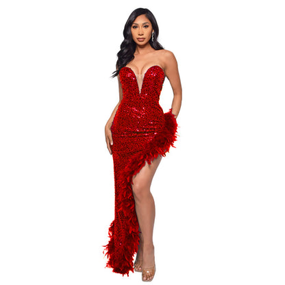 A ins European and American cross-border women's clothing wish Amazon ebay independent station tube top backless sequined feather dress women