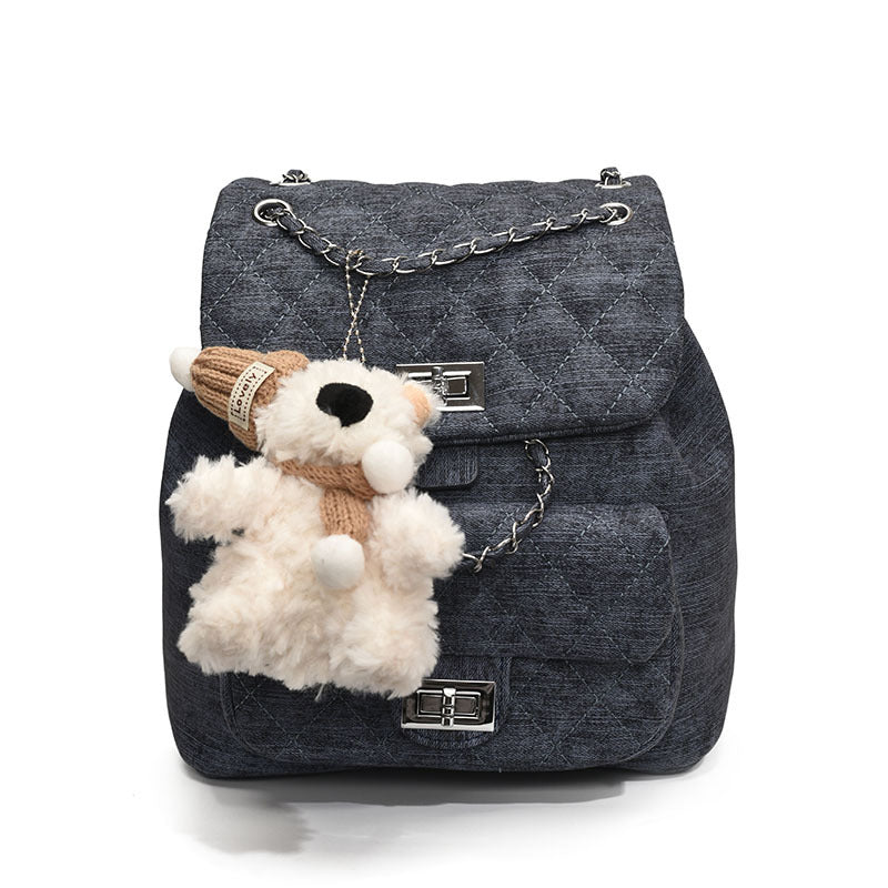 A denim texture small fragrant wind rhombus chain portable small bag fashionable commuter versatile backpack