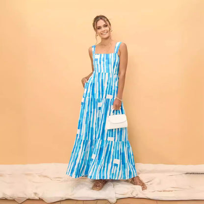 A fresh and sweet cross-border spring and summer style, striped printed one-word collar lace-up dress 88116
