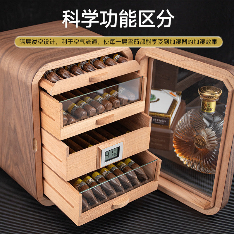 A Cigar Moisturizing Cabinet Cedar Wood Three-layer Large Capacity Perspective Window Black Walnut Wood Grain Cigar Alcoholizing Moisturizing Cabinet