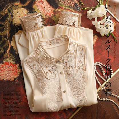 D-grade luxury style simulation silk 10,000 needles hollow embroidered shirt women's