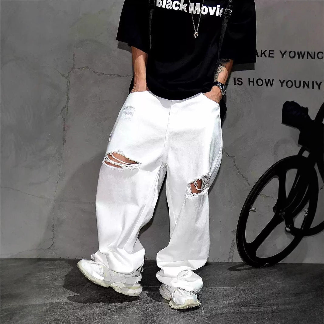 A white ripped wide-leg jeans loose straight