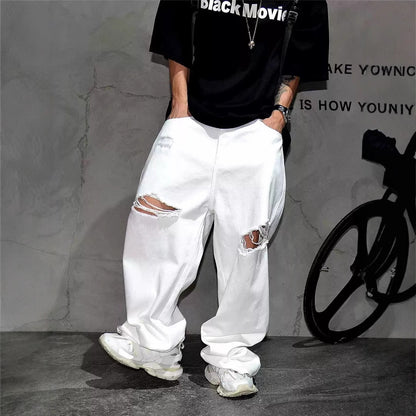 A white ripped wide-leg jeans loose straight