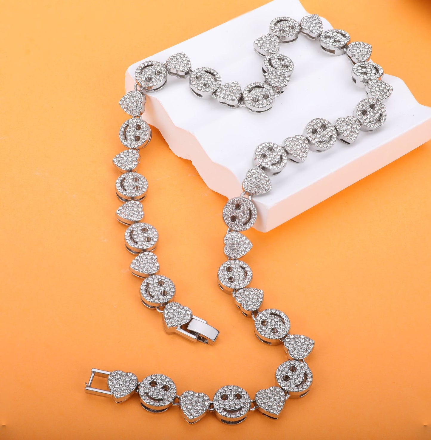 A cross-border hot sale new love smiley face full of diamonds Cuban chain European and American hip-hop necklace jewelry DIY - Mixbatch