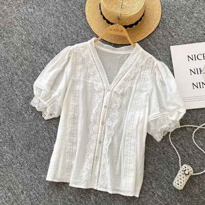 A Versatile Shirt Women's Summer Foreign Style Lace Splicing V-Neck Bubble Sleeve Cardigan Shirt Top