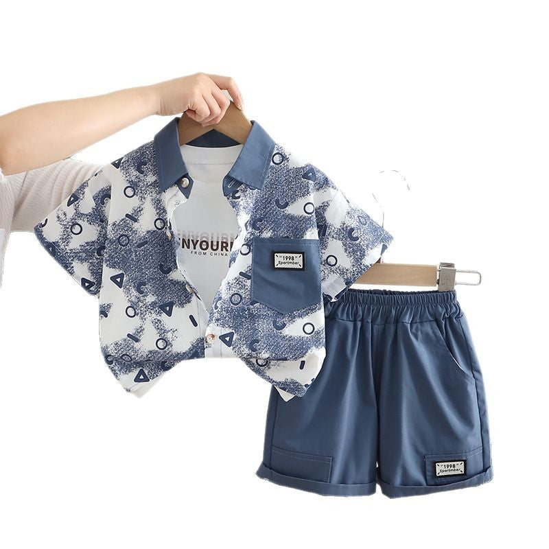 A Boys Summer Shirt Set New Children's Summer Boys Tie-dye Letter Short Sleeve Shirt Three-piece Set