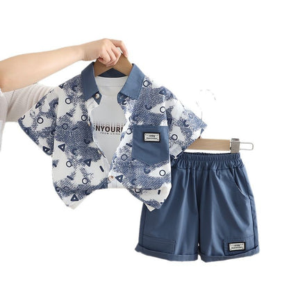 A Boys Summer Shirt Set New Children's Summer Boys Tie-dye Letter Short Sleeve Shirt Three-piece Set