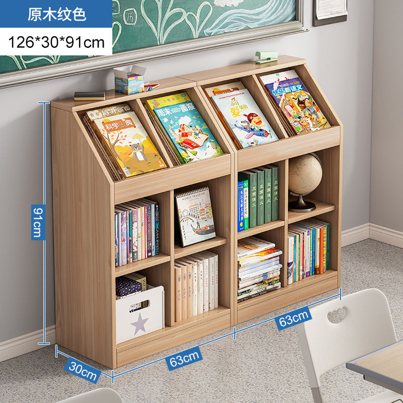 A school classroom bookshelf and storage cabinet