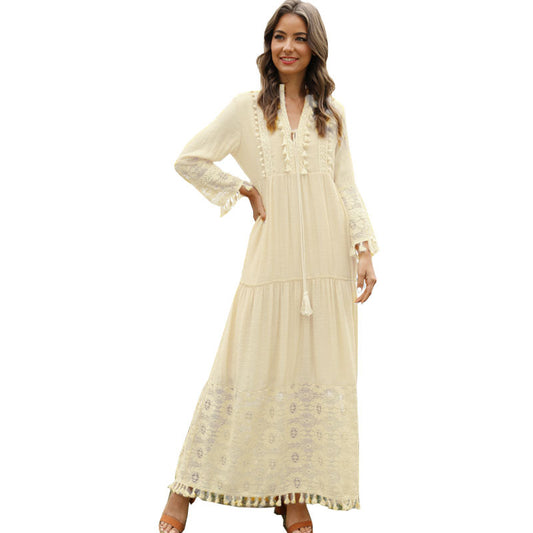A European and American autumn and winter women's clothing lace splicing fringed bamboo cotton long-sleeved dress