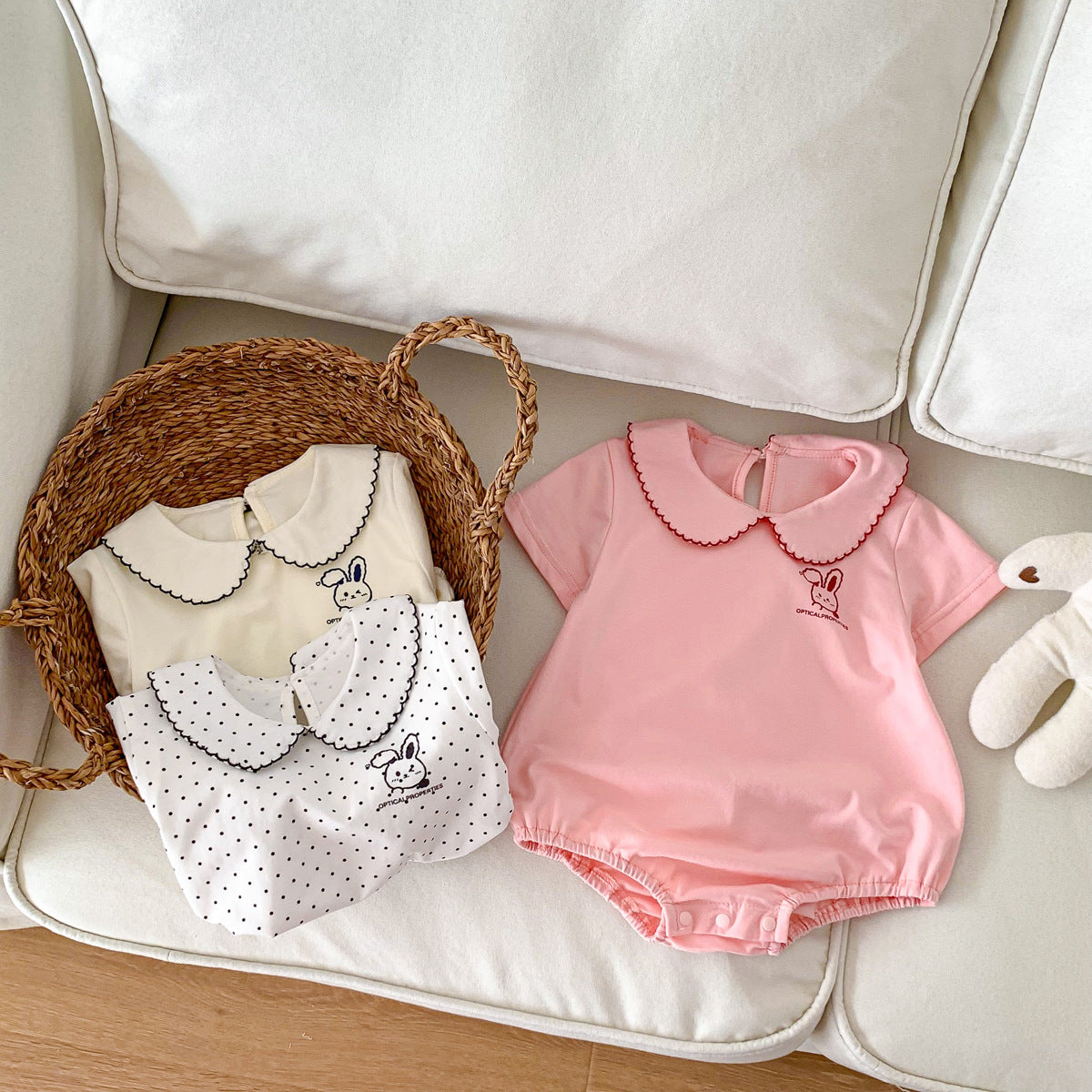A ins wind summer baby girl triangle bag fart clothes baby rabbit embroidered jumpsuit newborn doll collar climbing suit - Mixbatch