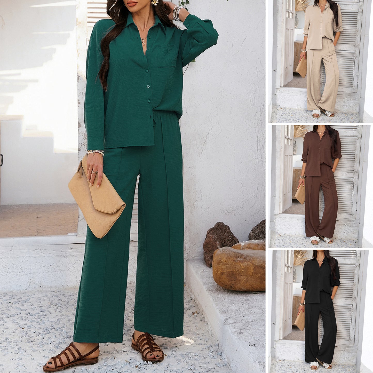 2025 spring and summer cross-border leisure commuting vacation style solid color button-down cardigan top wide-leg trousers set - Mixbatch