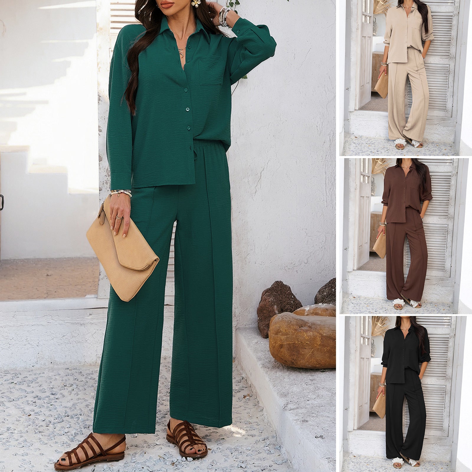 2025 spring and summer cross-border leisure commuting vacation style solid color button-down cardigan top wide-leg trousers set - Mixbatch