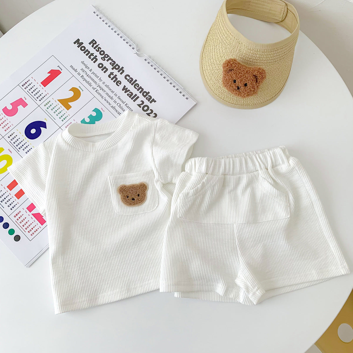 A summer thin baby Korean short-sleeved shorts cotton and linen pit strip suit for boys and girls round neck pullover two-piece suit - Mixbatch