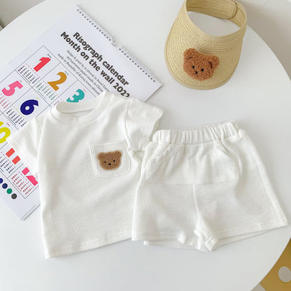 A summer thin baby Korean short-sleeved shorts cotton and linen pit strip suit for boys and girls round neck pullover two-piece suit - Mixbatch
