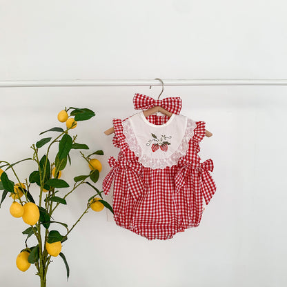 A newborn clothes summer thin girls sleeveless jumpsuit baby Korean version of red plaid triangle bag fart climbing clothes - Mixbatch