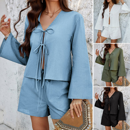 Europe, America 2025 spring and summer casual vacation style solid color cardigan long-sleeved top short pants suit women's clothing - Mixbatch