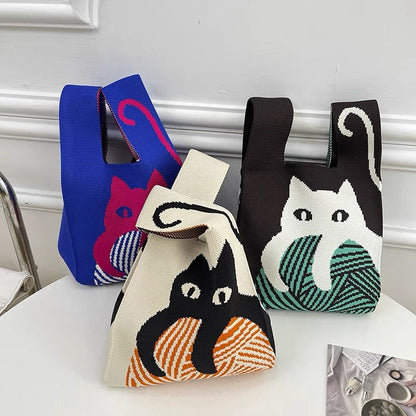 A Internet celebrity handbag women's knitted wool bucket bag Japanese and Korean version versatile hand carry casual tote bag box lunch bag y