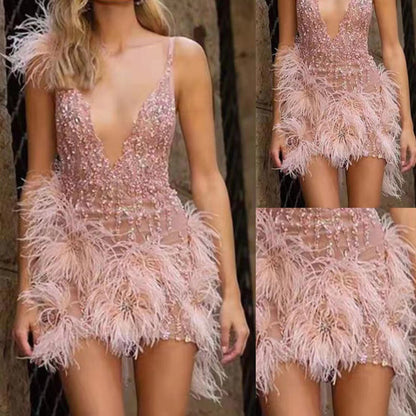 A Feather Suspender Skirt Deep V-Neck Sexy Party Dress #WT1122