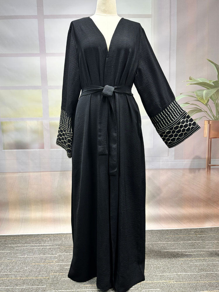 Middle Eastern Muslim Clothing Fashion Elegant Pocket Cardigan Embroidery Contrast Color Dress Robe - Mixbatch