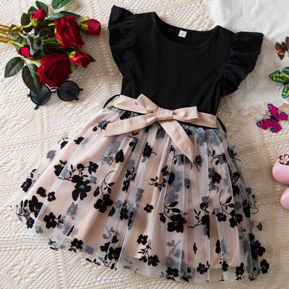 A European and American style girls spring and summer new dress flying sleeves black top splicing mesh floral skirt