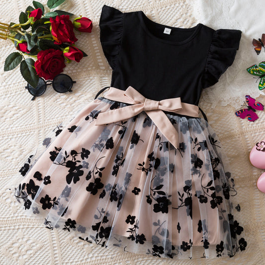 A European and American style girls spring and summer new dress flying sleeves black top splicing mesh floral skirt