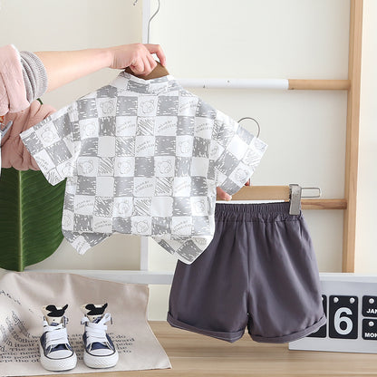 A summer new boys thin plaid pocket bear shirt short sleeve three-piece set baby summer clothes summer clothes