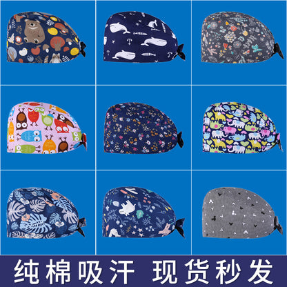 A Surgical cap Printed cap Pure cotton female nurse Baotou Fluffy cap Adjustable Baotou cap Female confinement