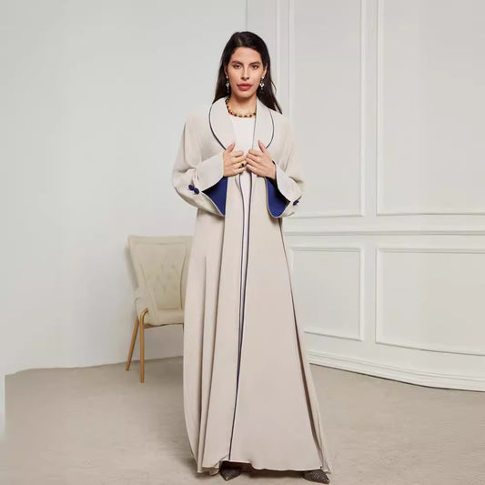 2024 New pleated Middle Eastern Muslim clothing long dress fashionable and elegant cardigan contrasting color button dress robe - Mixbatch