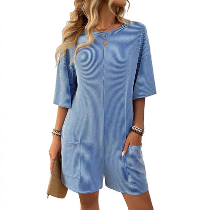 European and American cross-border Amazon independent station 2025 new products for women's loose pockets V-neck short-sleeved jumpsuits
