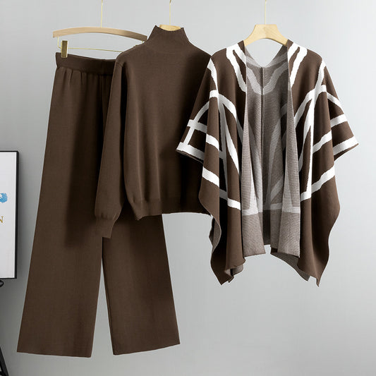 A knitted sweater pants three-piece set
