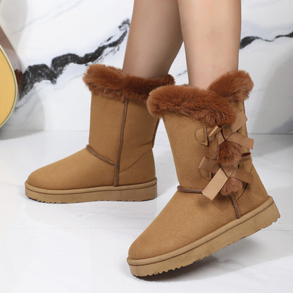 A new medium tube autumn and winter women's snow boots medium and high boots bow fashion velvet snow boots cross-border foreign trade - Mixbatch