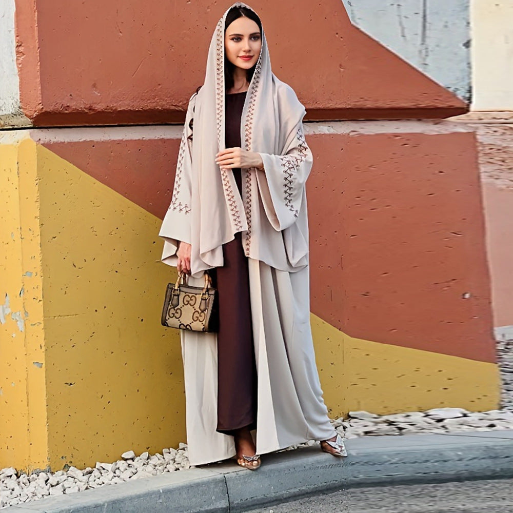 Women's Abaya Middle East Muslim Turban Cardigan Embroidered Dress Arabian Robe Bat Sleeve Overcoat Cross-Border - Mixbatch