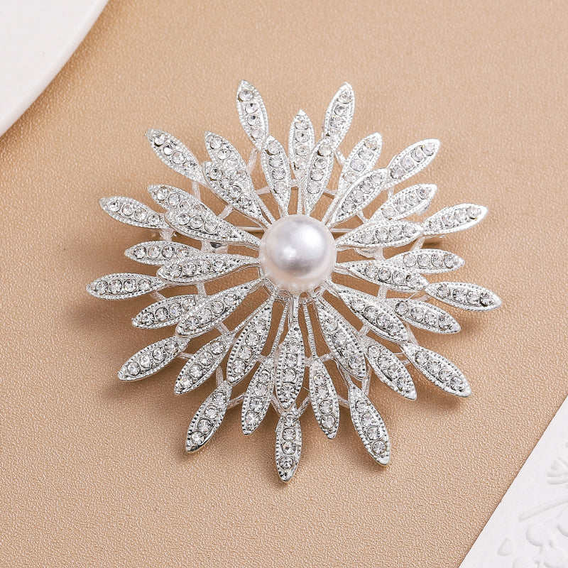 A hot-selling gold sunflower brooch creative diamond-encrusted pearl versatile temperament brooch blazer collar pin with accessories - Mixbatch