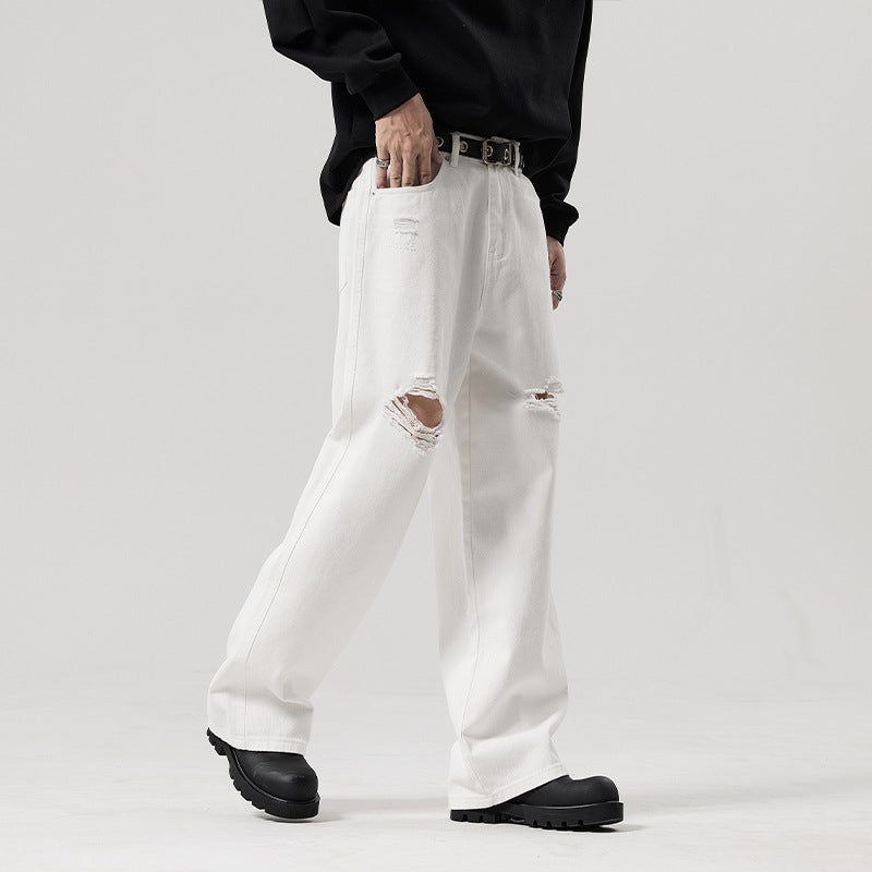 A straight white ripped jeans fashion trendy long pants