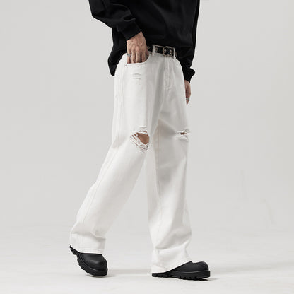 A straight white ripped jeans fashion trendy long pants