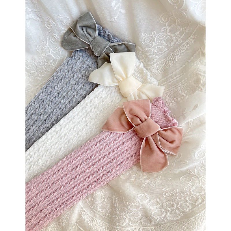 A flannel bow children's socks heel-less lace knee stockings baby medium stockings baby socks - Mixbatch