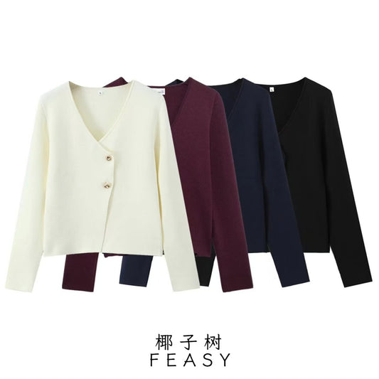 A button-down long-sleeved knit top