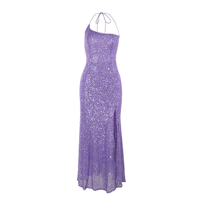 Bead slices diagonal shoulder split neck fishtail dress women - Mixbatch